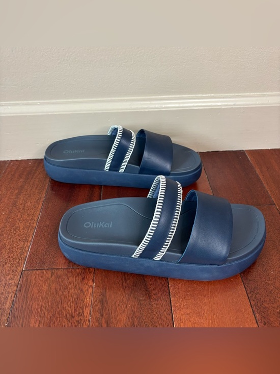 Olukai sz 8 Pae Leather Slides Platform Sandals Mood Indigo Blue - Picture 3 of 8